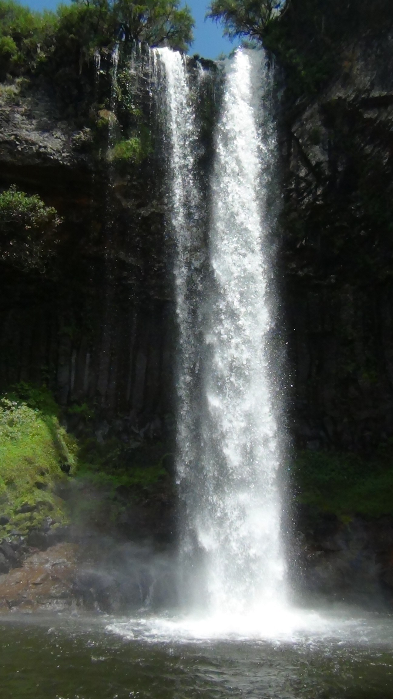 A waterfall cascading over mossy rocks